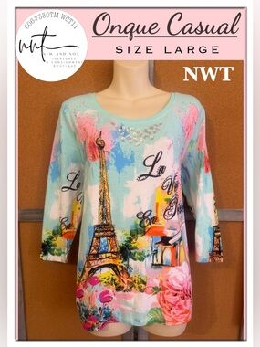 Onque Casual Paris Eiffel Tower Rhinestone Top L NWT 3/4 Sleeve Stretch Tee Aqua